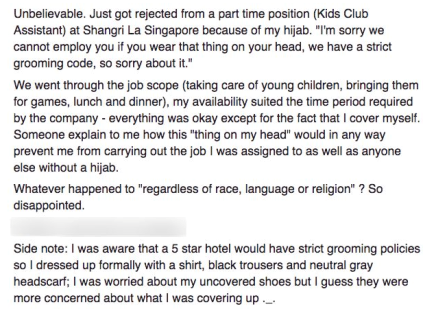 Shangri-la denied someone a job cos she wears a hijab. Is it legal?
