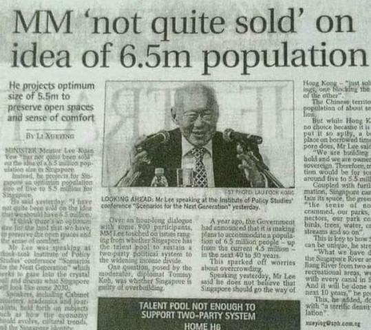 MM Lee ‘not quite sold’ on idea of 6.5m population for Singapore